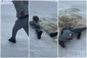 A Guy Tries to Walk Across a Frozen Lake, The Ice Cracks, and Guy Almost Falls All the Into Frozen Water