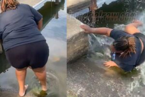 What Made This Girl Suddenly Drop Before Entering the Lake? Watch the Clip and Share Your Thoughts!